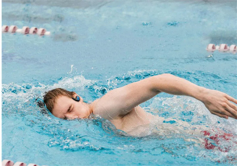 Black waterproof Bluetooth swimming headset with head-mounted design for sports use