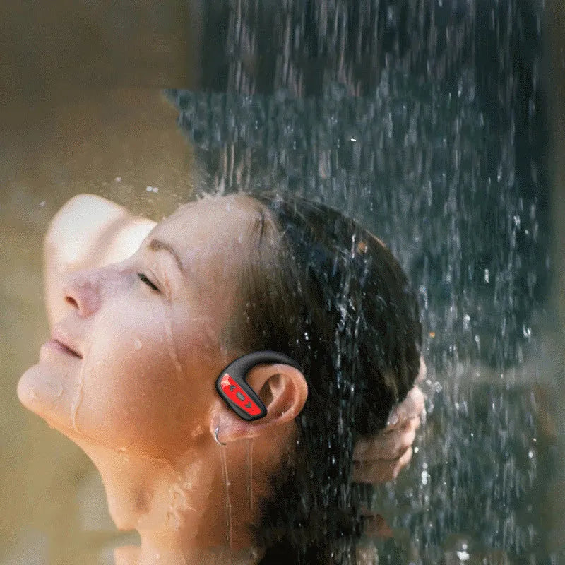 Black waterproof Bluetooth swimming headset with head-mounted design for sports use
