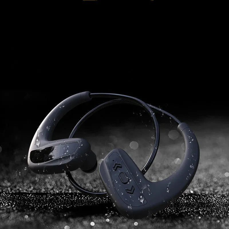 Black waterproof Bluetooth swimming headset with head-mounted design for sports use