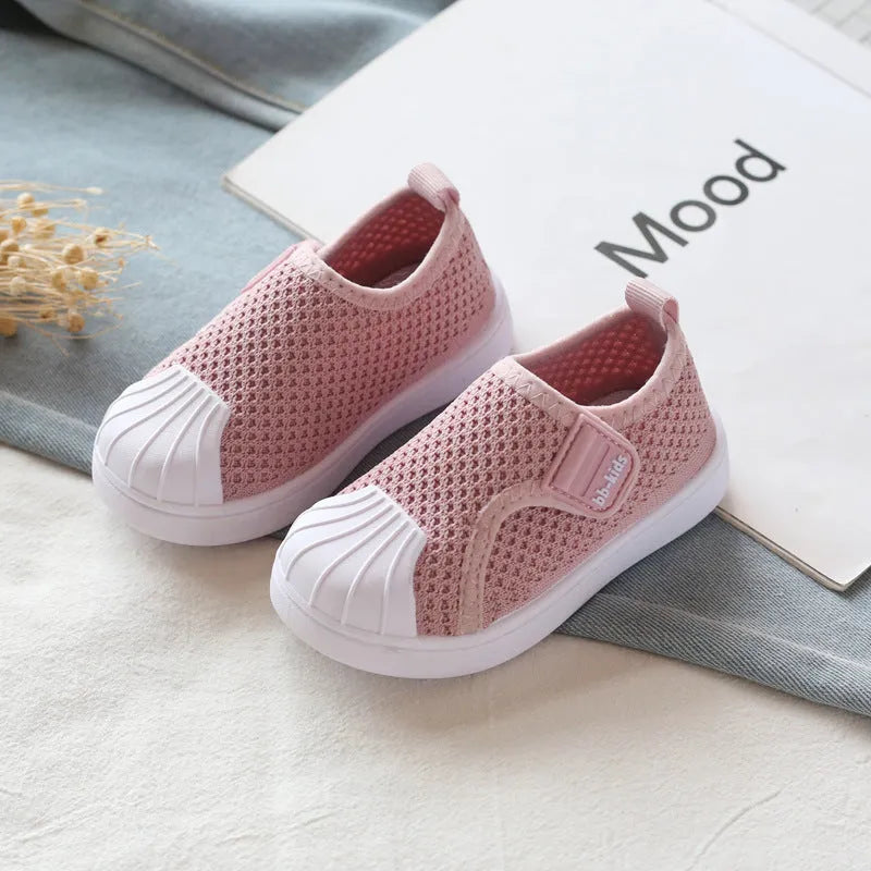 Children's striped casual sneakers with soft PVC sole in yellow, black, grey, or rubber powder.