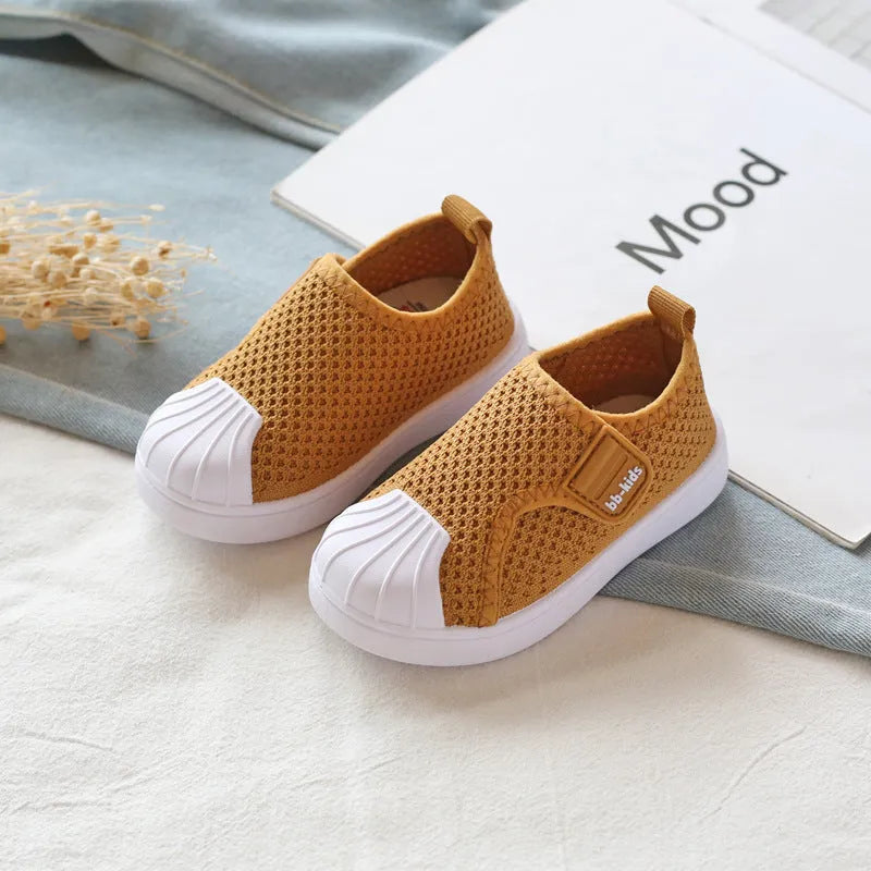 Children's striped casual sneakers with soft PVC sole in yellow, black, grey, or rubber powder.