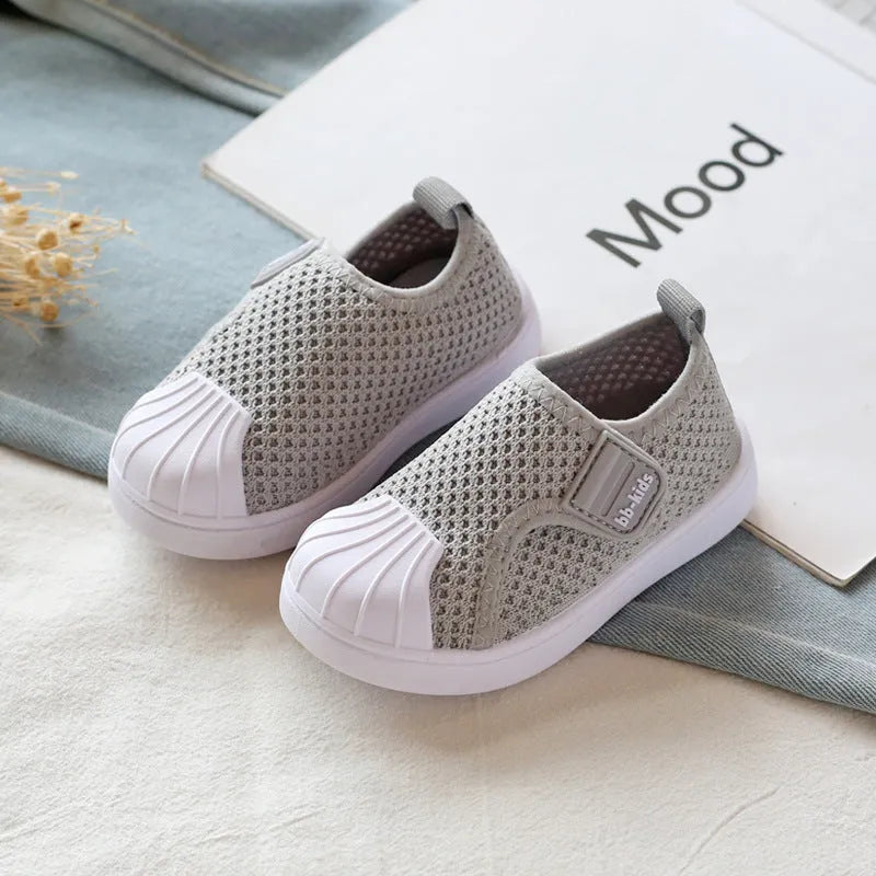 Children's striped casual sneakers with soft PVC sole in yellow, black, grey, or rubber powder.