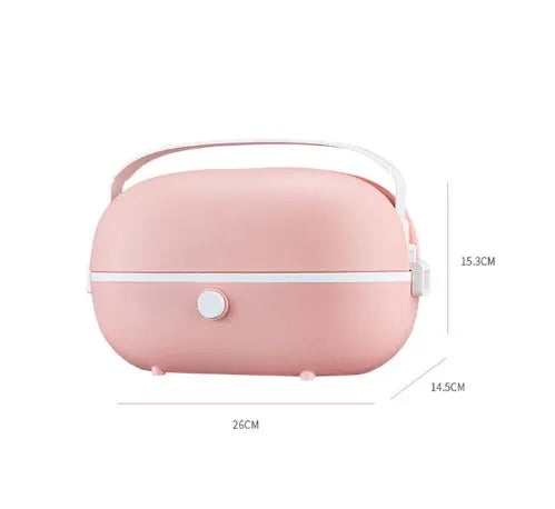 Portable electric lunch box with stainless steel inner tank in green, pink, or red colours.