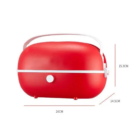 Portable electric lunch box with stainless steel inner tank in green, pink, or red colours.