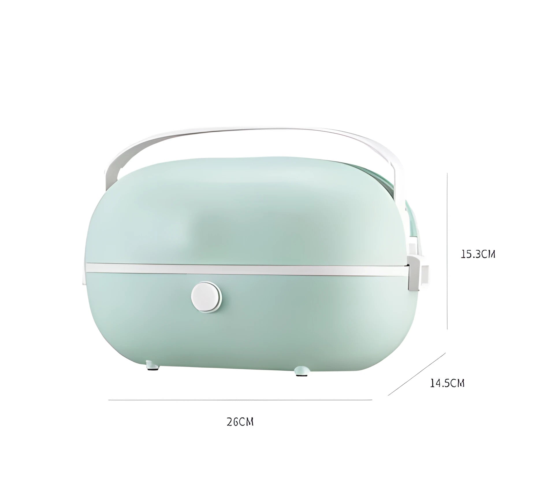 Portable electric lunch box with stainless steel inner tank in green, pink, or red colours.