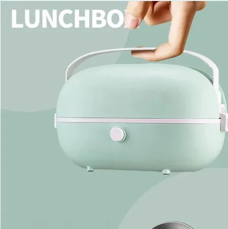 Portable electric lunch box with stainless steel inner tank in green, pink, or red colours.