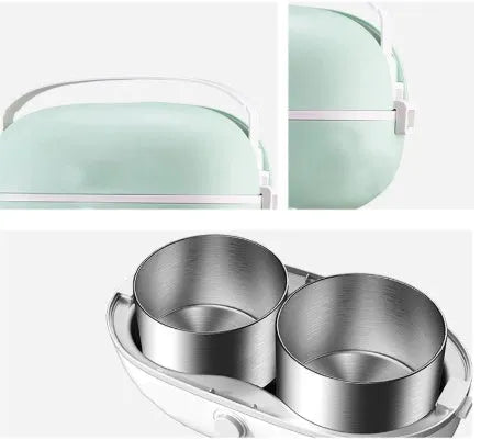 Portable electric lunch box with stainless steel inner tank in green, pink, or red colours.