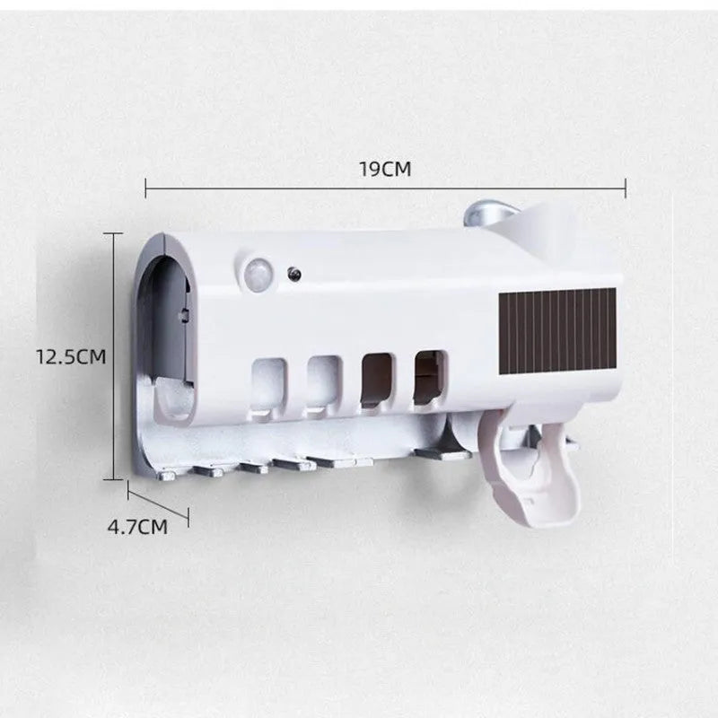 Black intelligent UV toothbrush sterilizer with automatic toothpaste squeezer mounted on a wall