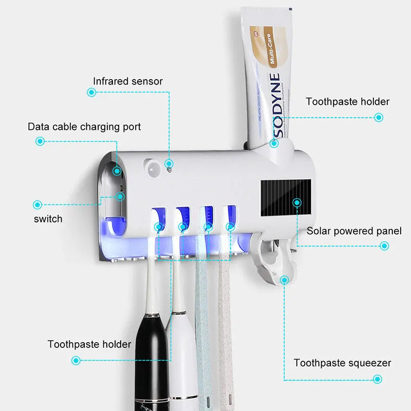 Black intelligent UV toothbrush sterilizer with automatic toothpaste squeezer mounted on a wall