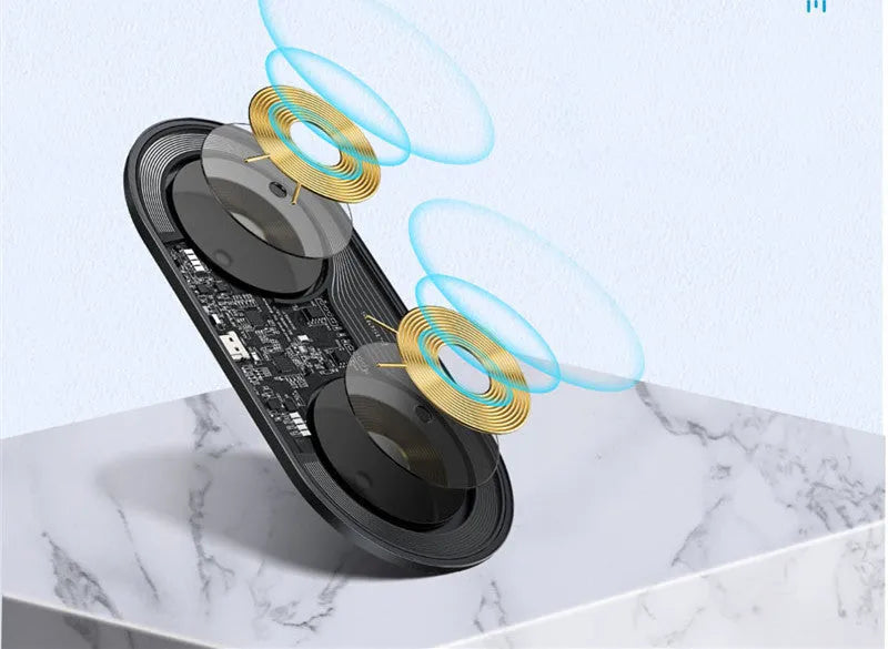 Baseus black wireless charger with iPhone on stand and AirPods case charging on separate spot