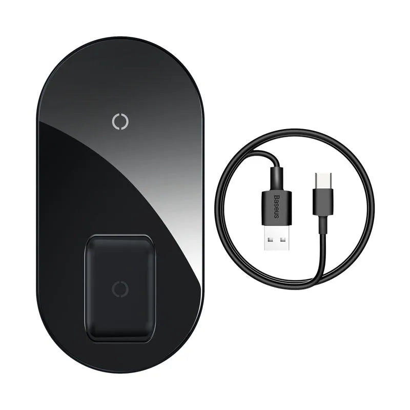 Baseus black wireless charger with iPhone on stand and AirPods case charging on separate spot