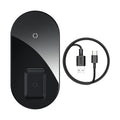 Baseus black wireless charger with iPhone on stand and AirPods case charging on separate spot