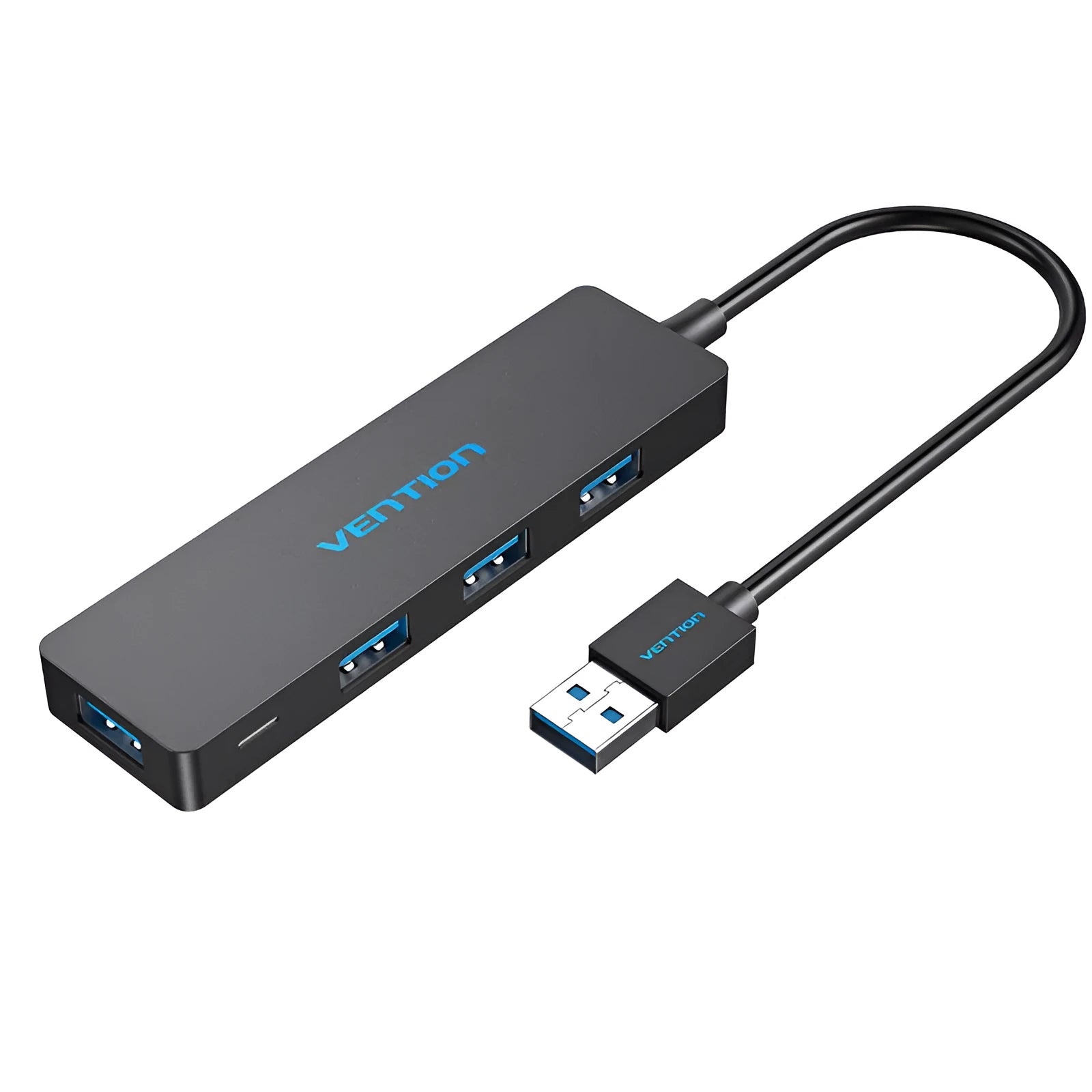 Black Wei Xun four-port USB 3.0 hub with short attached cable on a desk