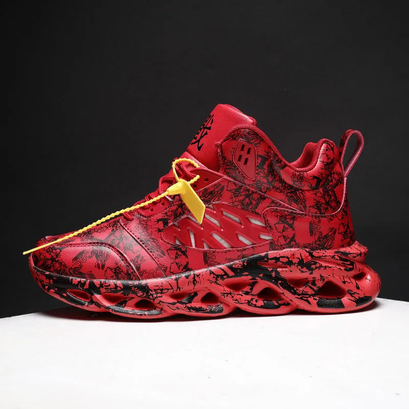 Men's camouflage pattern high-top basketball shoes on a white background.