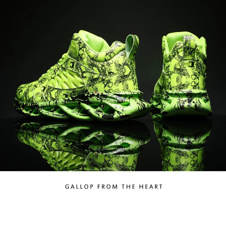 Men's camouflage pattern high-top basketball shoes on a white background.