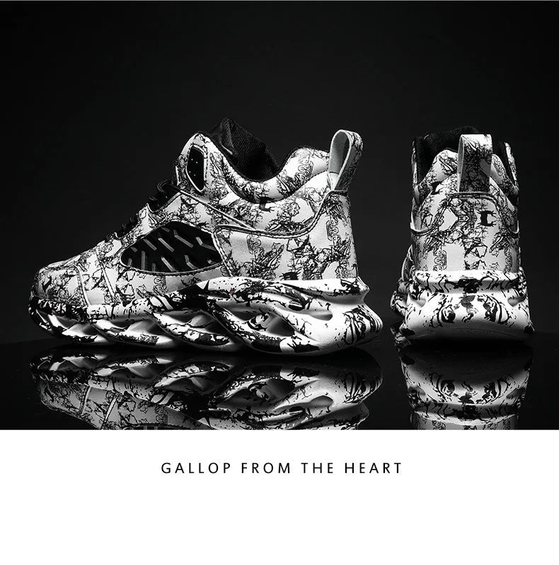 Men's camouflage pattern high-top basketball shoes on a white background.