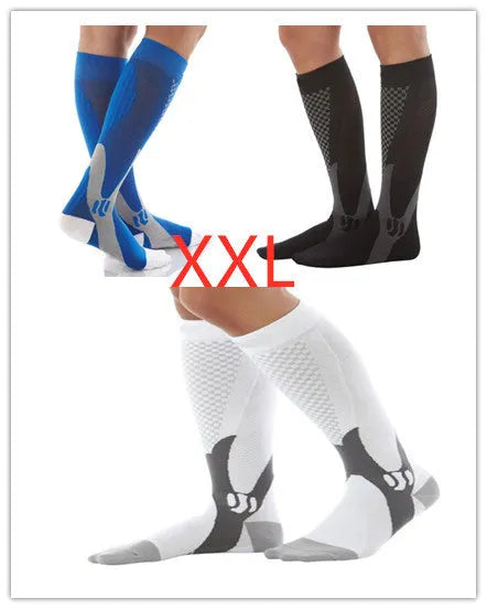 Graduated compression socks for men and women in black, shown in S/M, L/XL, and XXL sizes.