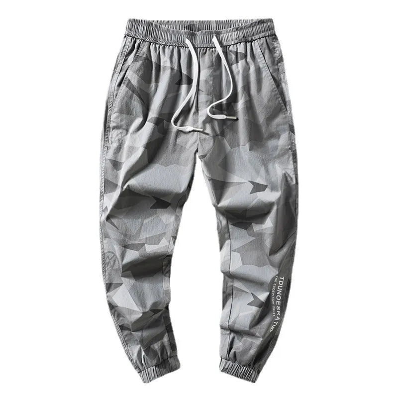 Men's camouflage cotton straight leg loose-fit trousers in Army Green
