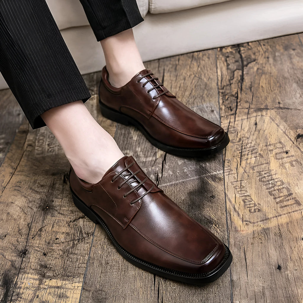 Men's black square toe business casual shoes with artificial PU leather upper and rubber sole