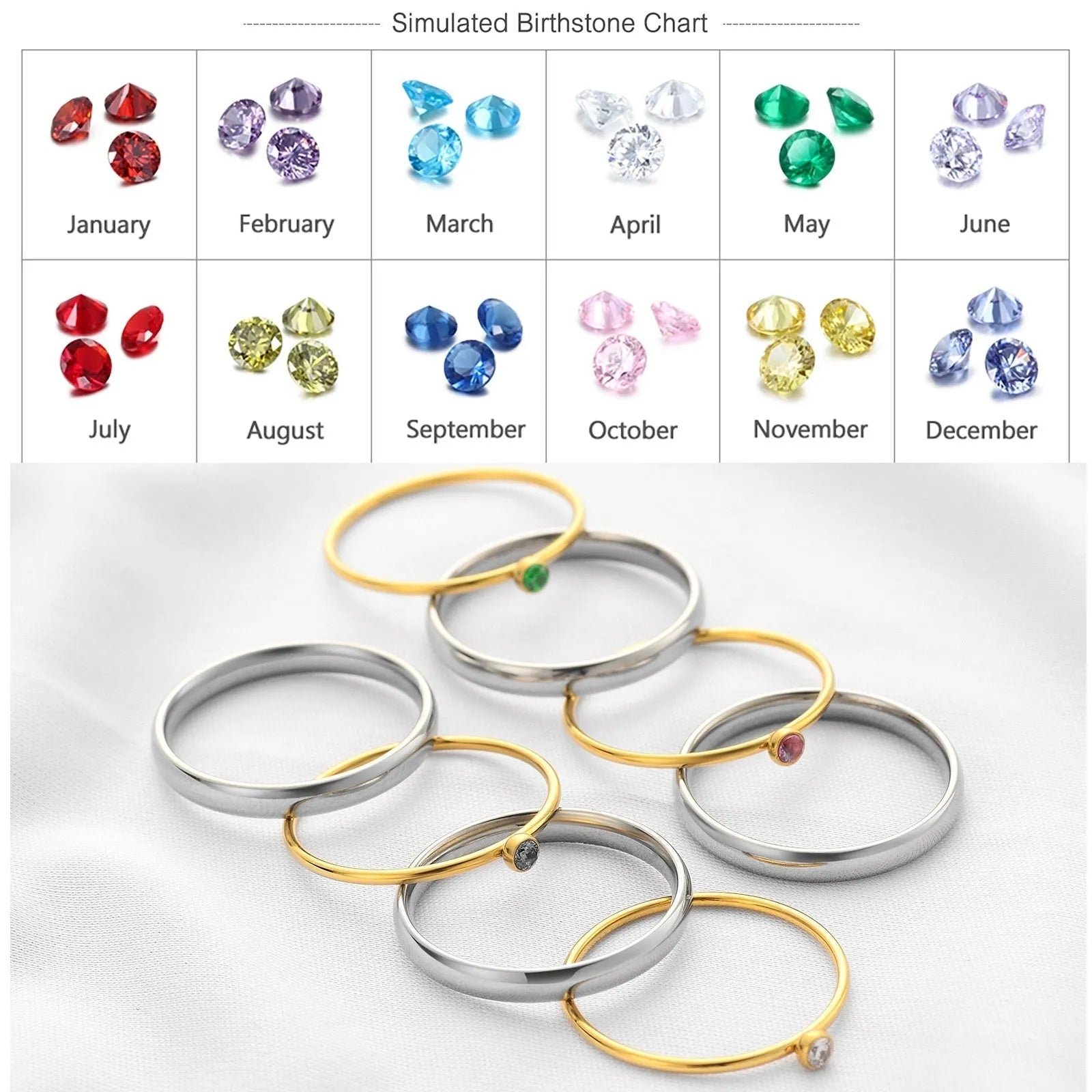Titanium steel engraved ring with December birthstones in geometric design on gold electroplated band
