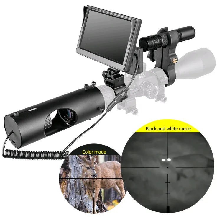 Black digital night vision goggles with a large front lens and a 5-inch LCD display screen.