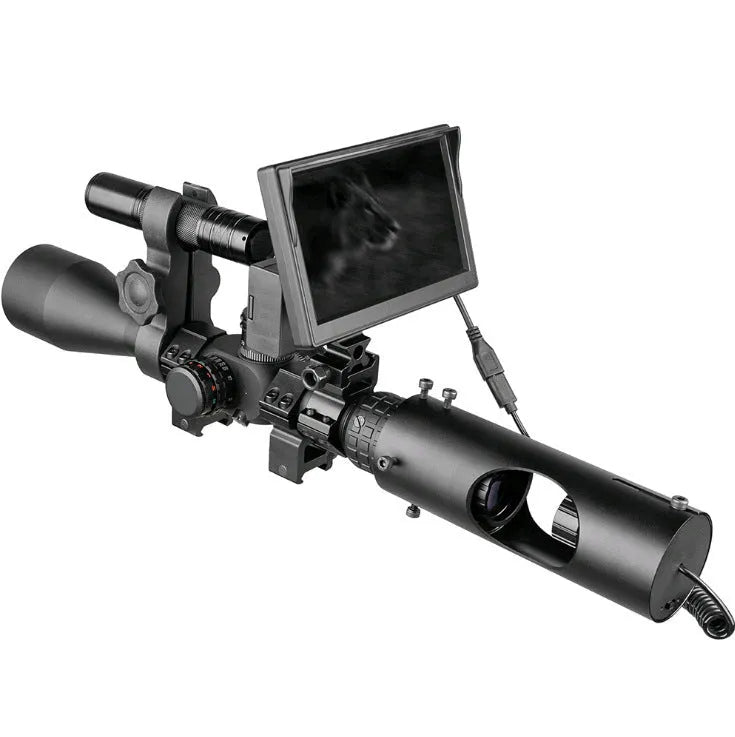 Black digital night vision goggles with a large front lens and a 5-inch LCD display screen.