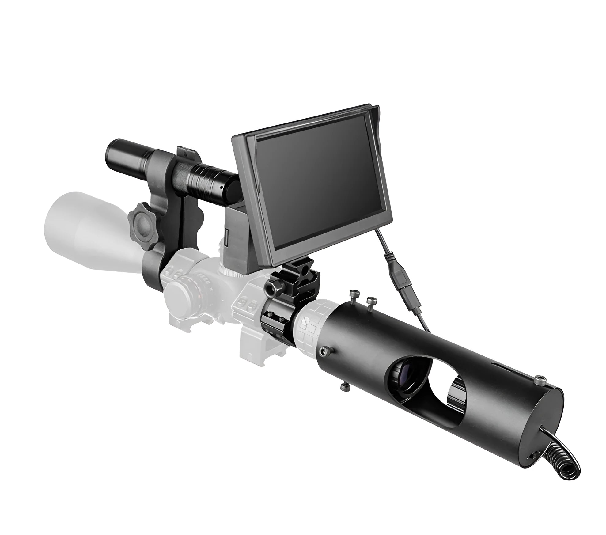 Black digital night vision goggles with a large front lens and a 5-inch LCD display screen.