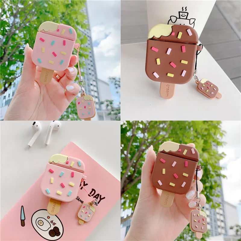 Pink cartoon ice cream design silicone protective case for Apple AirPods with a pendant.