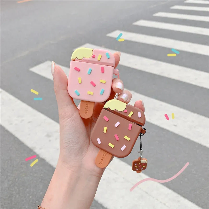 Pink cartoon ice cream design silicone protective case for Apple AirPods with a pendant.