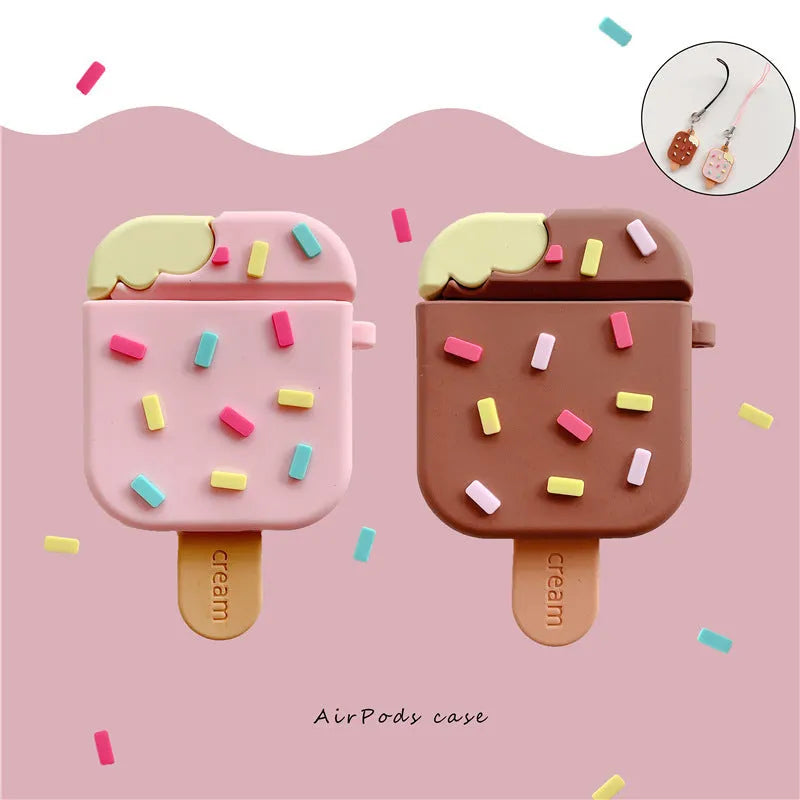 Pink cartoon ice cream design silicone protective case for Apple AirPods with a pendant.