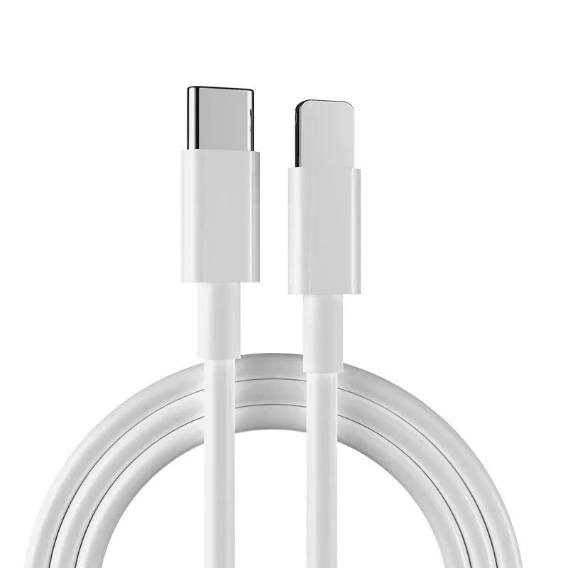 White 20W USB-C fast wall charger with integrated 1m cable for iPhone and iPad.
