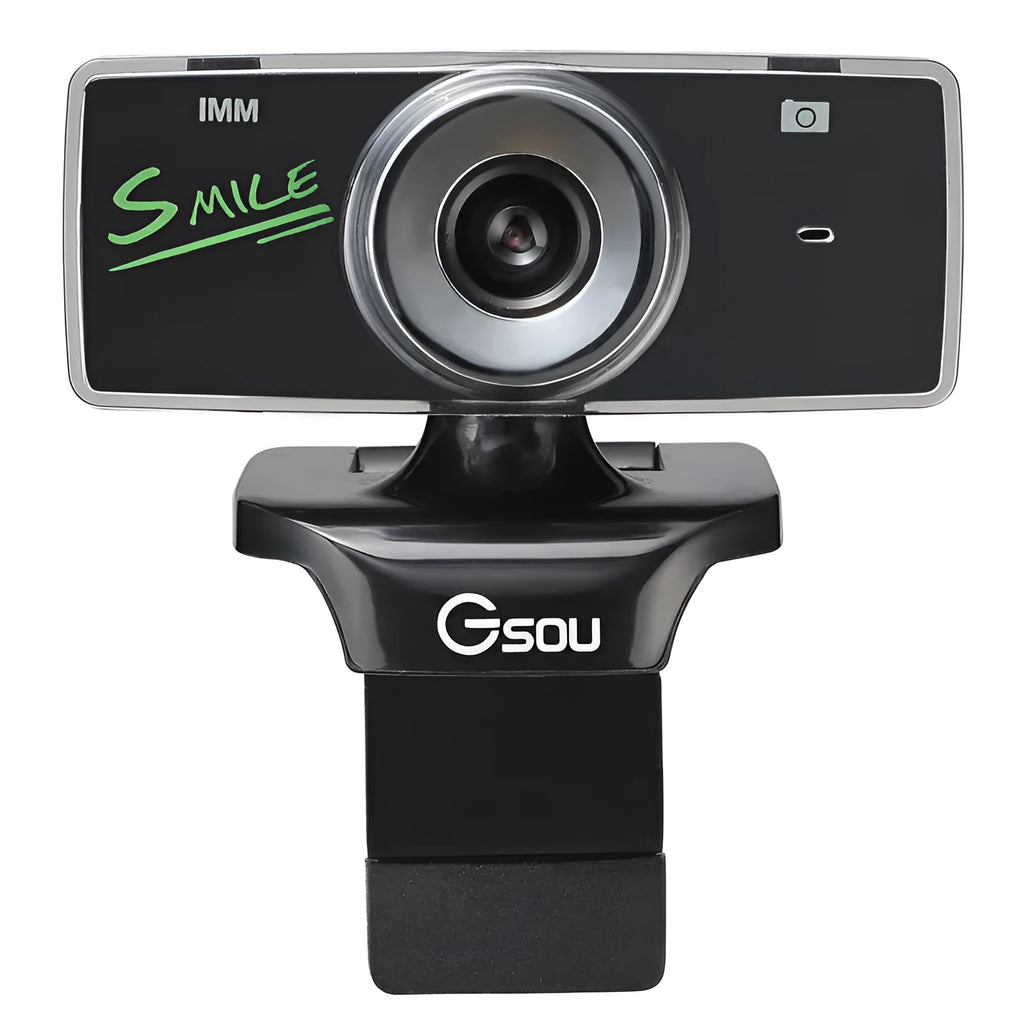 Black USB high definition webcam for desktop and laptop computers on a white background.