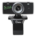 Black USB high definition webcam for desktop and laptop computers on a white background.