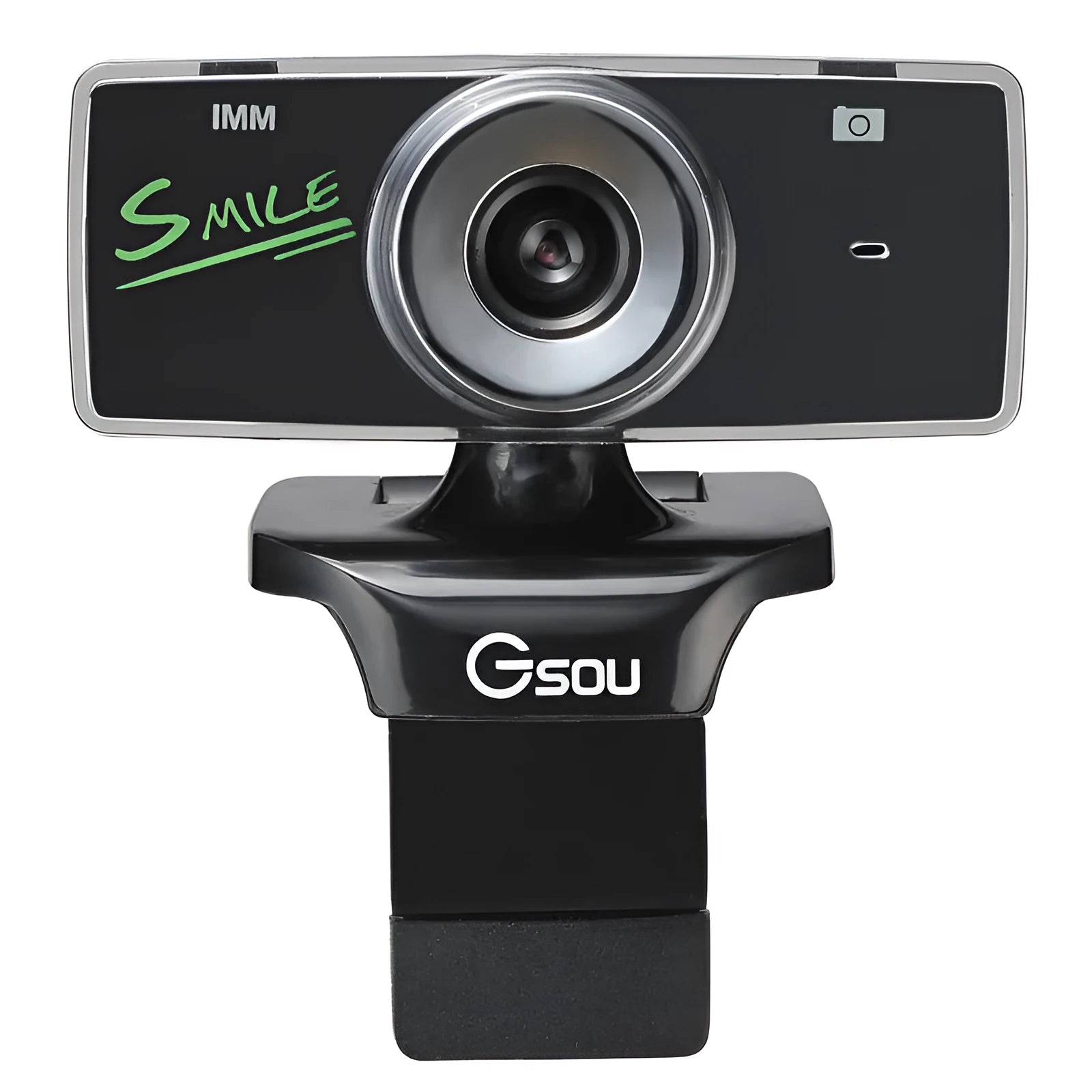 Black USB high definition webcam for desktop and laptop computers on a white background.