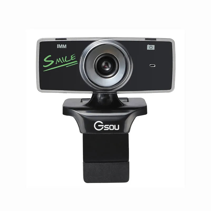 Black USB high definition webcam for desktop and laptop computers on a white background.