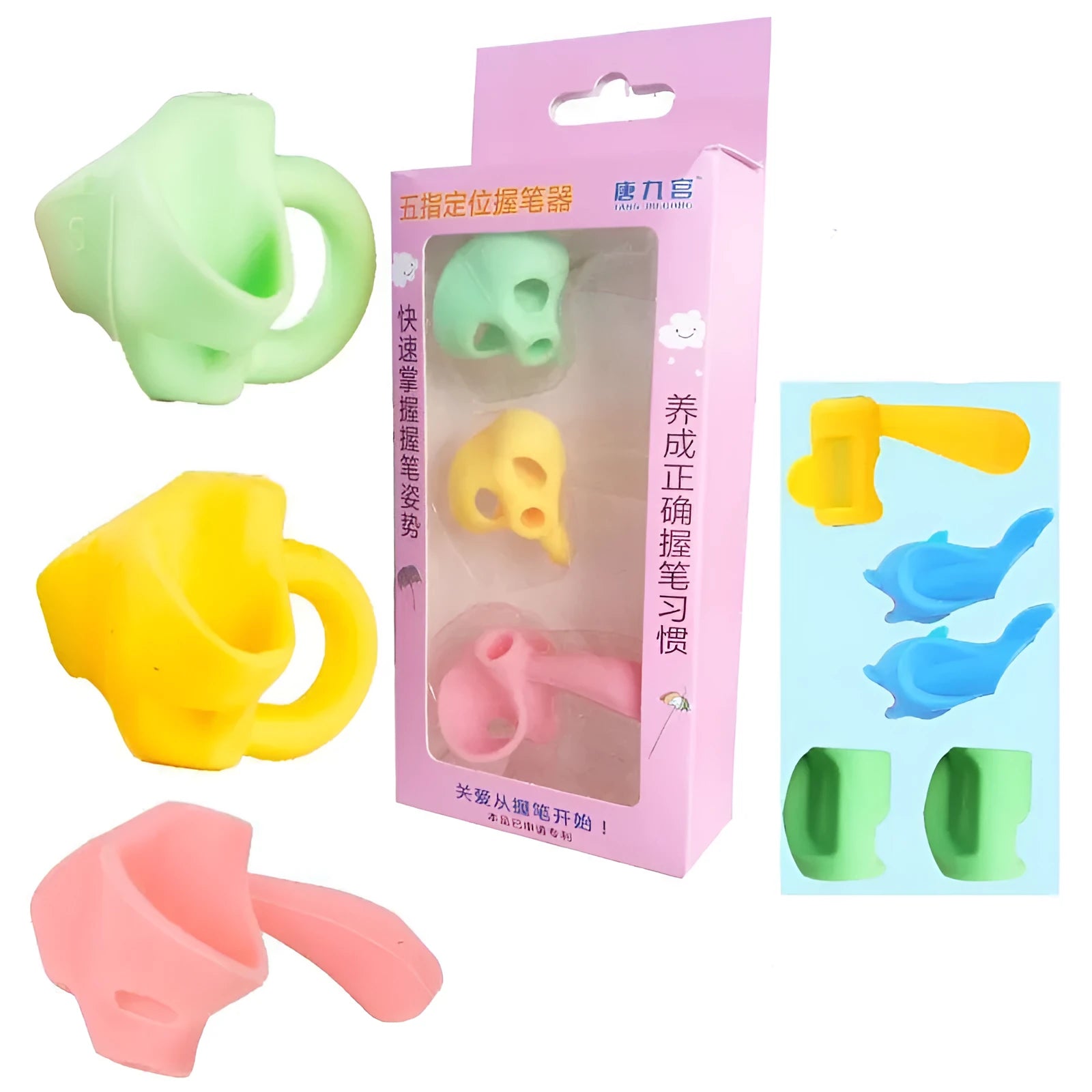 Children's pen holder writing orthosis with corrector tool in assorted colour sets.