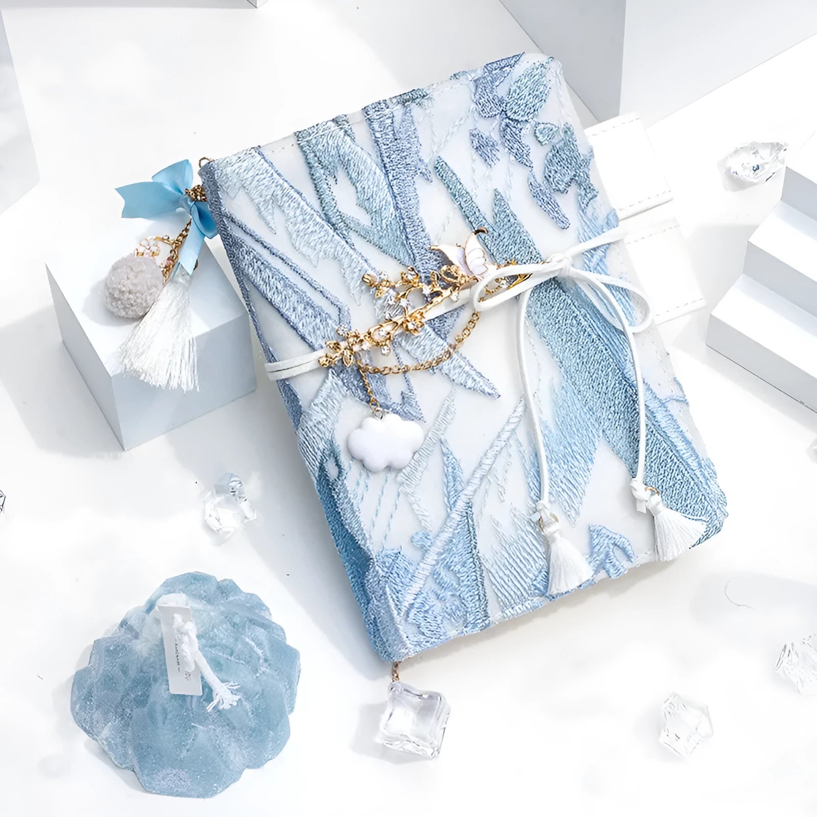 Simple Girl glacier embroidery fabric notebook in A6 and A5 sizes with grid pages.