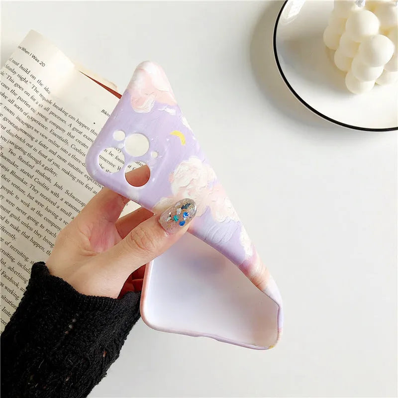 Purple starry sky cloud oil painting design on soft TPU iPhone case with Korean graffiti style