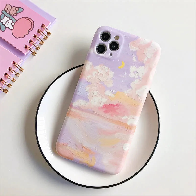 Purple starry sky cloud oil painting design on soft TPU iPhone case with Korean graffiti style