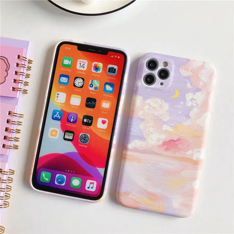 Purple starry sky cloud oil painting design on soft TPU iPhone case with Korean graffiti style