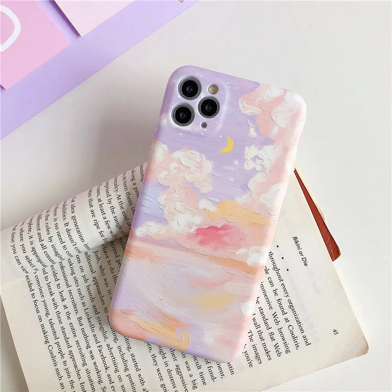 Purple starry sky cloud oil painting design on soft TPU iPhone case with Korean graffiti style