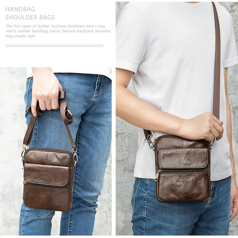 Men's first layer cowhide small square waist bag with zip opening and shoulder strap