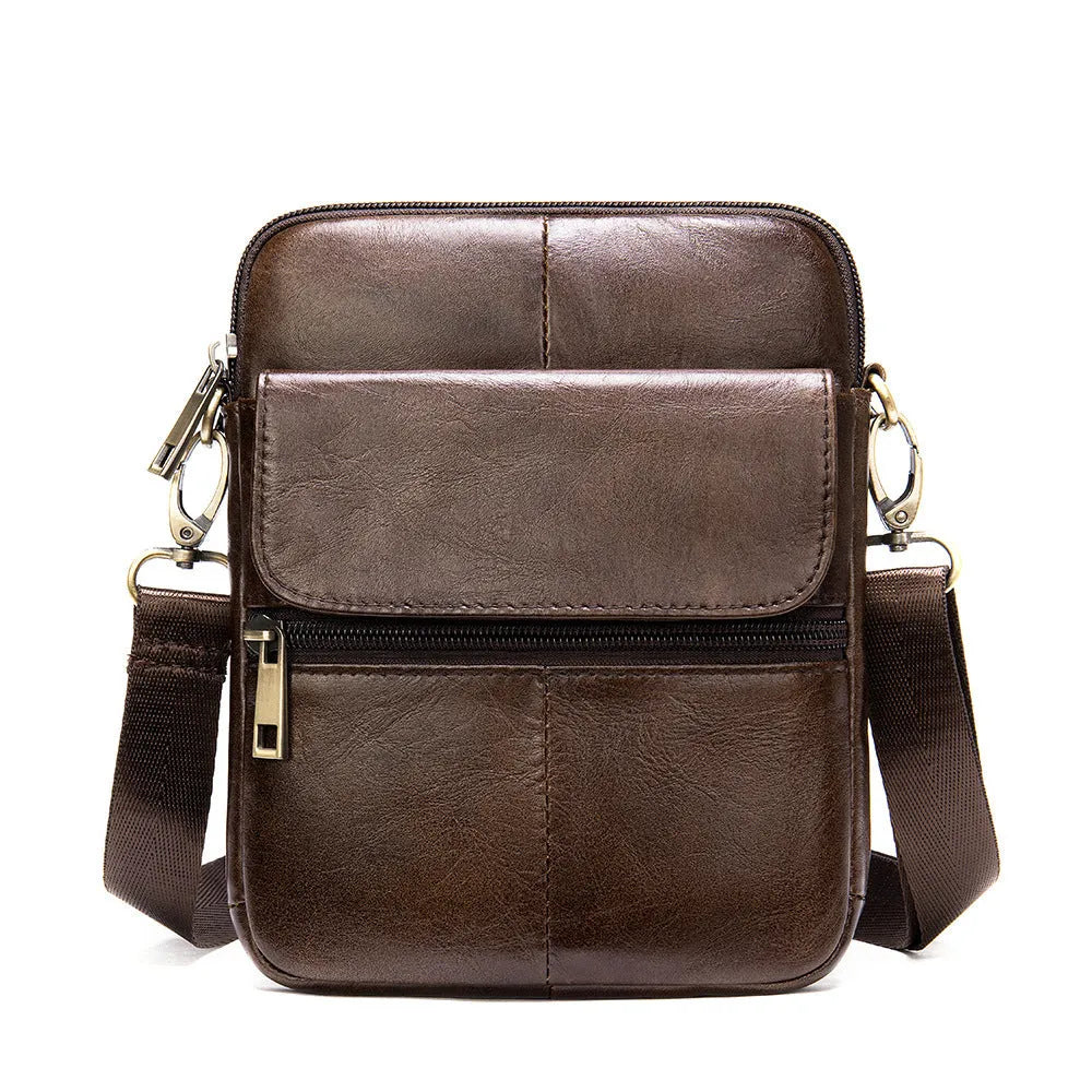 Men's first layer cowhide small square waist bag with zip opening and shoulder strap