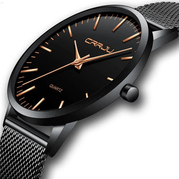 Casual quartz wristwatch with alloy case and plexiglass mirror showing black dial with grey markers on mesh strap
