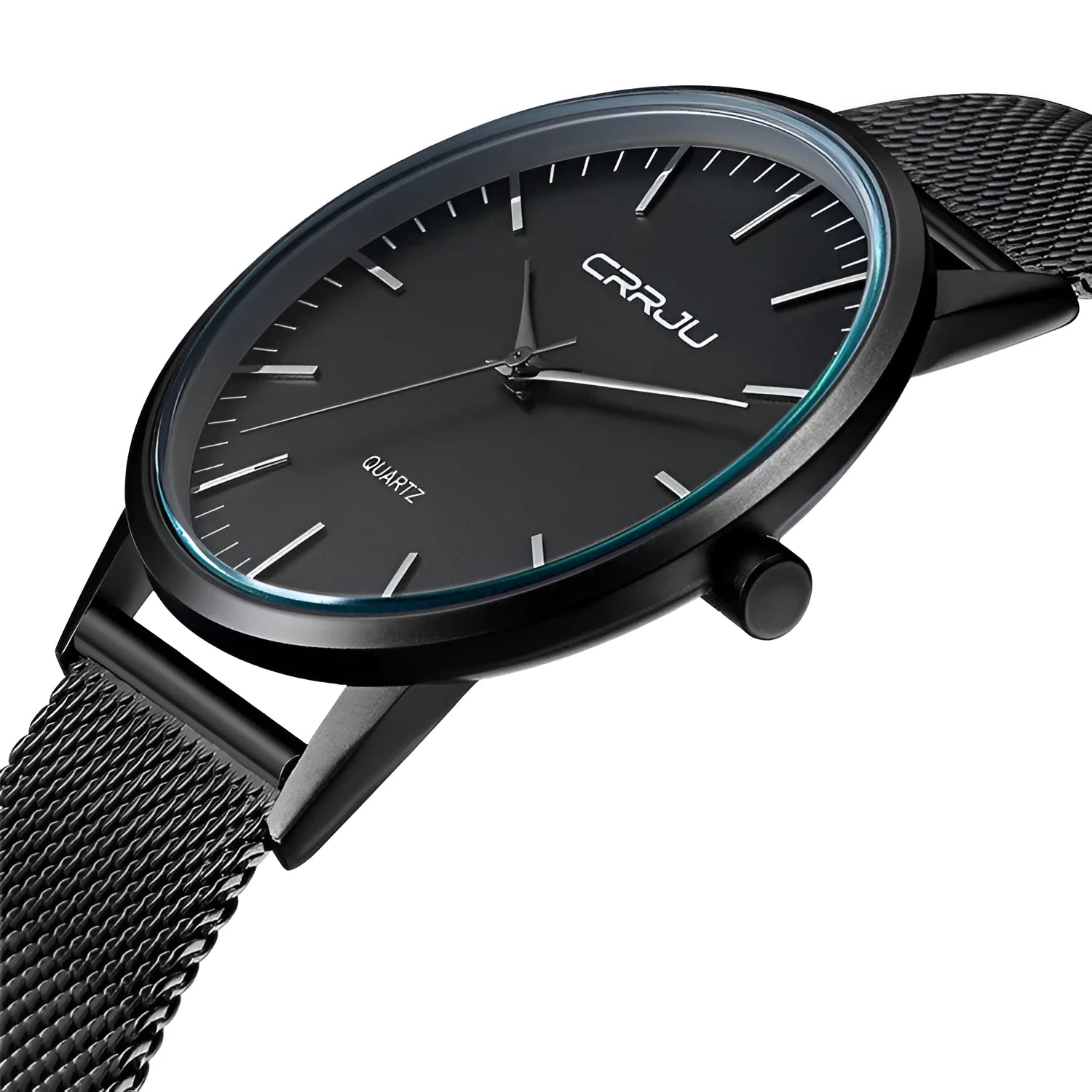Casual quartz wristwatch with alloy case and plexiglass mirror showing black dial with grey markers on mesh strap