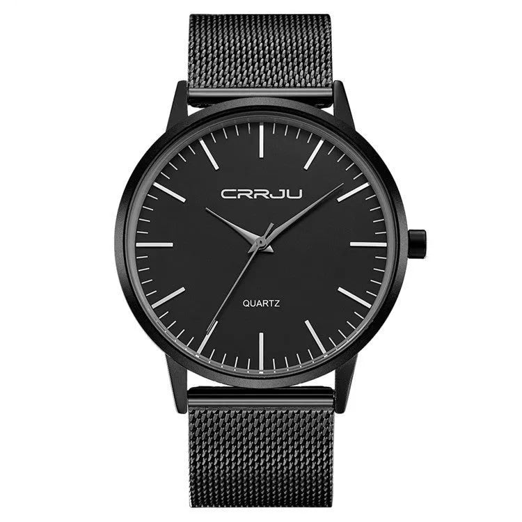 Casual quartz wristwatch with alloy case and plexiglass mirror showing black dial with grey markers on mesh strap