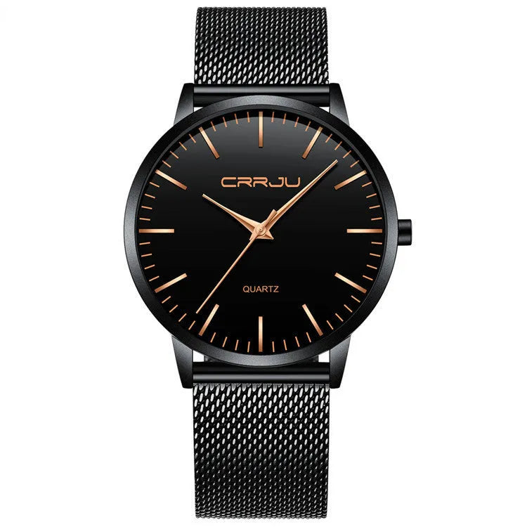 Casual quartz wristwatch with alloy case and plexiglass mirror showing black dial with grey markers on mesh strap