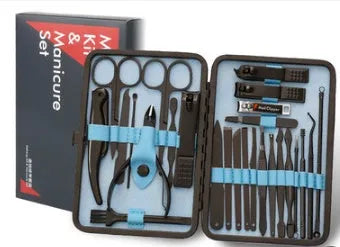 25-26 piece nail clippers manicure set in black and red leather case with black matt finish steel tools