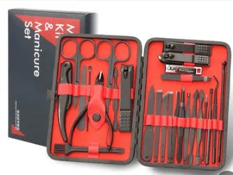 25-26 piece nail clippers manicure set in black and red leather case with black matt finish steel tools