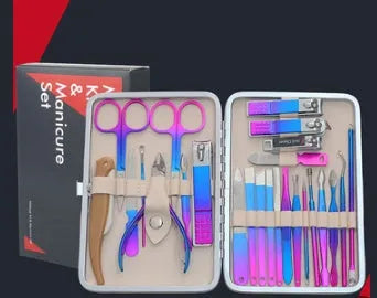 25-26 piece nail clippers manicure set in black and red leather case with black matt finish steel tools